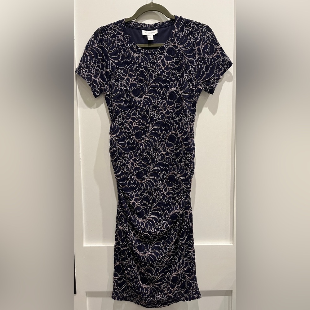 Motherhood Maternity Navy and Pink Lace Midi Dress